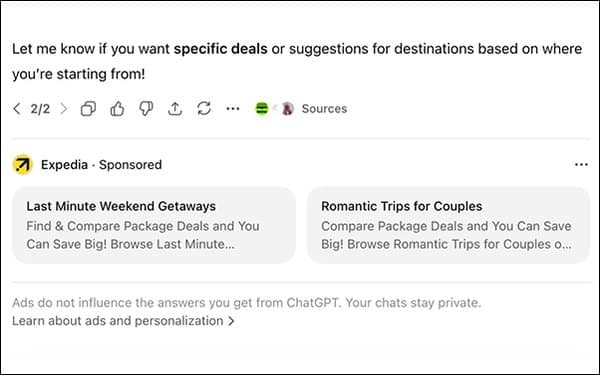 Example of an Expedia ad appearing inside a ChatGPT conversation