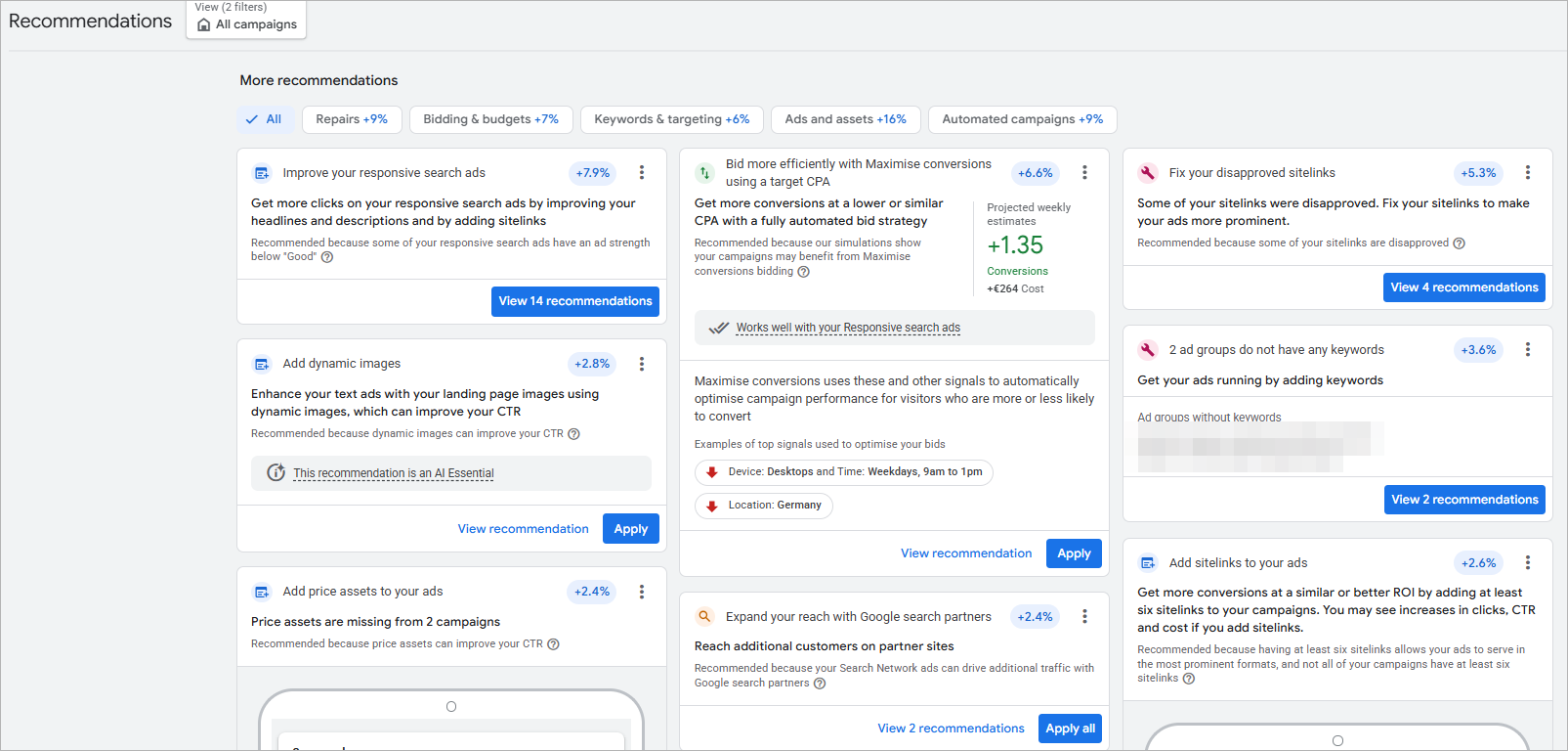 The Recommendations tab inside a real Google Ads account — a wall of suggested changes including Maximise conversions bidding, broad match keywords, search partners expansion and dynamic images, each with its own Apply button
