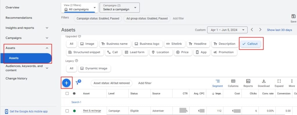 how to set up a google ads callout