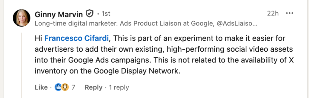 Google's official statement on pulling X videos into campaigns